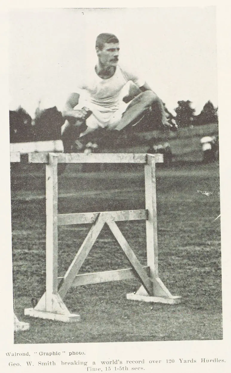 Geo. W. Smith breaking a world's record over 120 yards hurdles