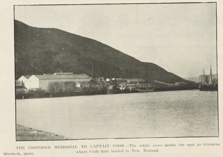 The Proposed memorial to Captain Cook - the white cross marks the spot at Gisborne where Cook first landed in New Zealand