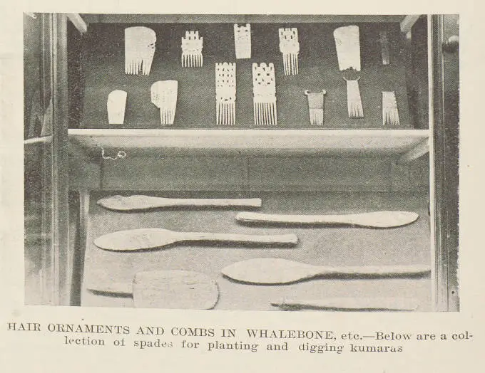 Hair ornaments and combs in whalebone, etc. - below are a collection of spades for planting and digging kumaras