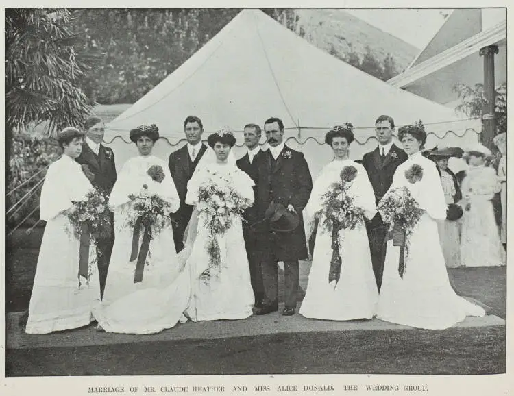 Marriage of Mr. Claude Heather and Miss Alice Donald; the wedding group