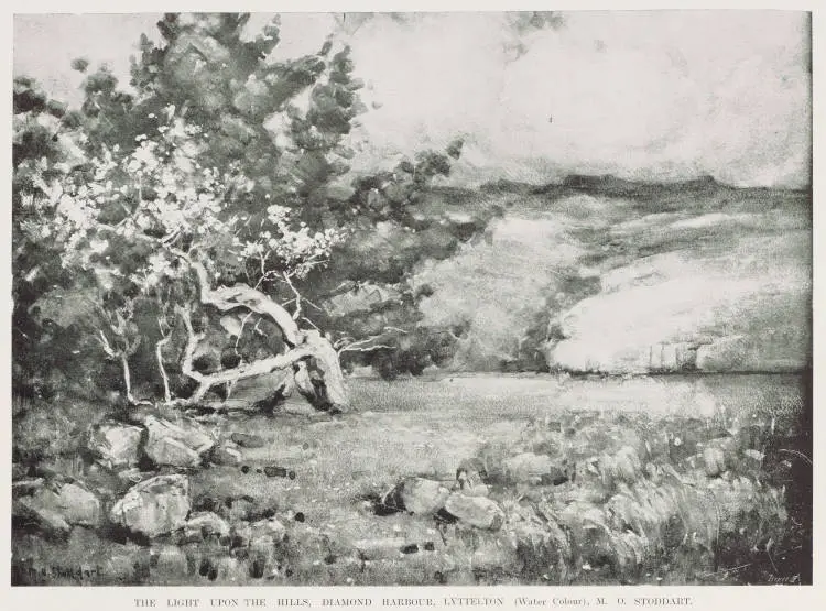 The light upon the hills, Diamond Harbour, Lyttelton (water colour), M. O. Stoddart