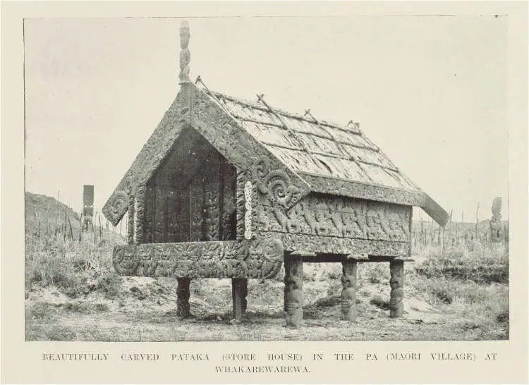 Beautifully carved pataka (storehouse) in the pa (Māori village) at Whakarewarewa
