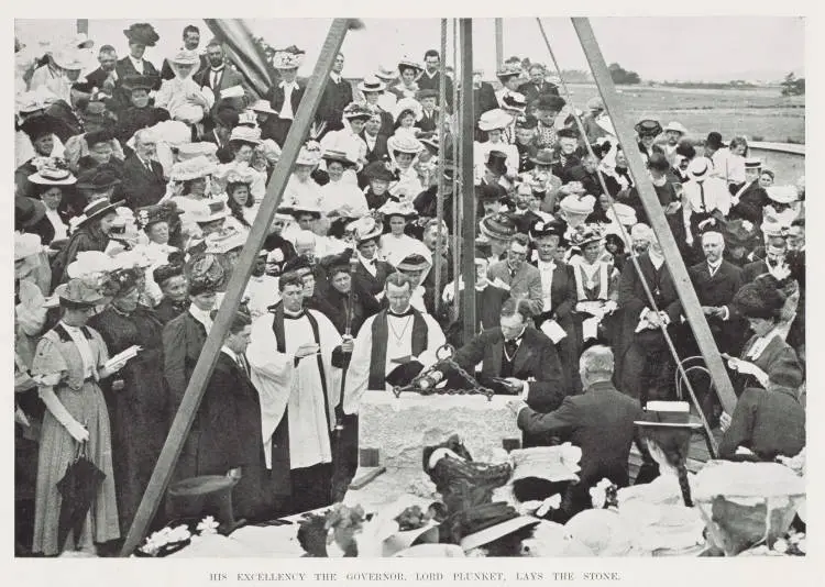 His Excellency the governor, Lord Plunket, lays the stone
