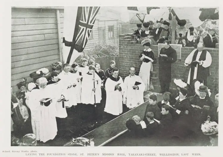 Laying the foundation stone, St. Peter's Mission Hall, Taranaki Street, Wellington