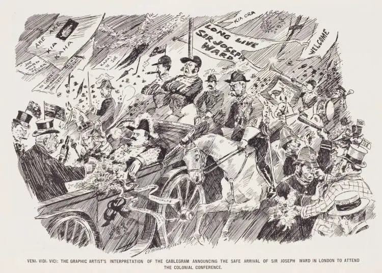 Veni, vidi, vici: the graphic artist's interpretation of the cablegram announcing the safe arrival of Sir Joseph Ward in London to attend the colonial conference