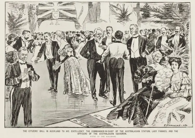 The citizens' ball in Auckland to His Excellency the Commander-in-Chief of the Australasian Station, Lady Fawkes, and the officers of the Australasian Squadron