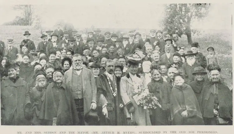 Mr and Mrs Seddon and the Mayor (Mr Arthur M Myers), surrounded by the old age pensioners