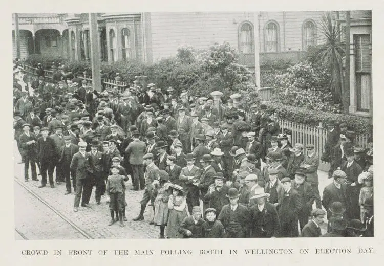 Crowd in front of the main polling booth in Wellington on Election Day