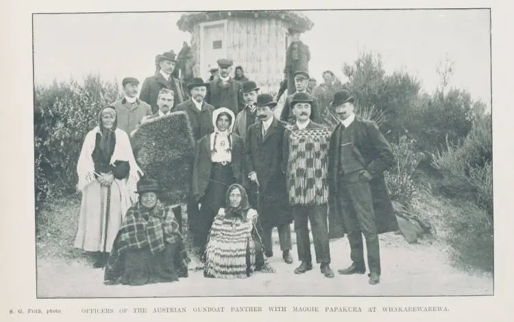Officers of the Austrian gunboat Panther with Maggie Papakura at Whakarewarewa