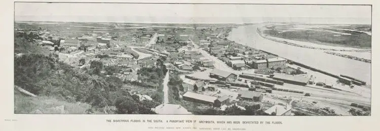 The disastrous floods in the south. A panoramic view of Greymouth, which has been devastated by the floods