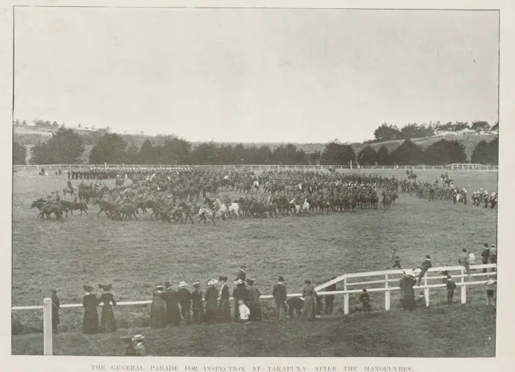 Easter manoeuvres of Auckland's citizen soldiers - the general parade for inspection at Takapuna after the manoeuvres