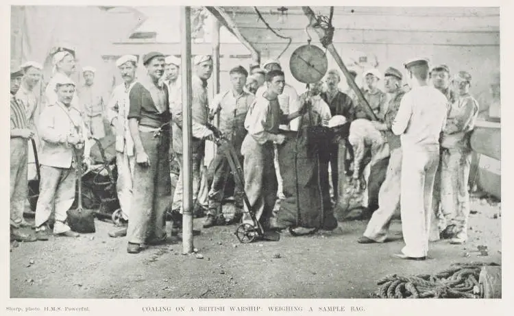 Coaling on a British warship: weighing a sample bag