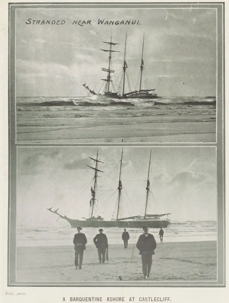 A barquentine ashore at Castlecliff