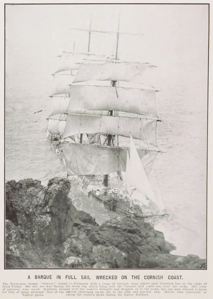 A barque in full sail wrecked on the Cornish coast