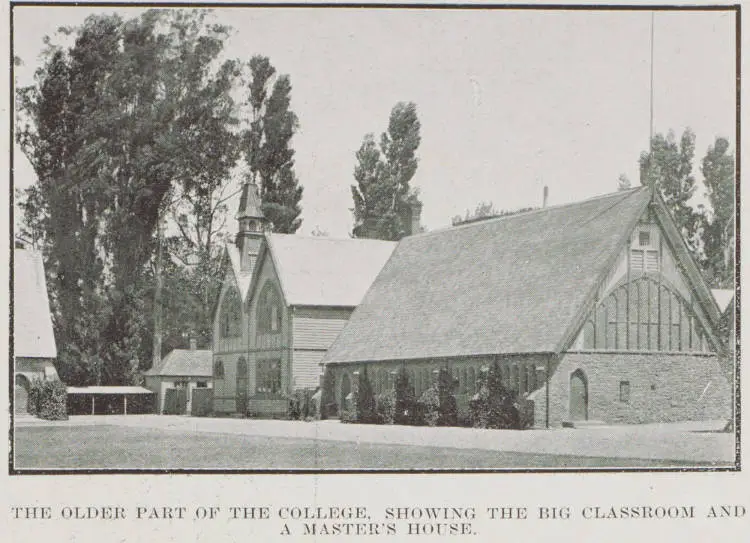 The older part of the college, showing the big classroom and a master's house