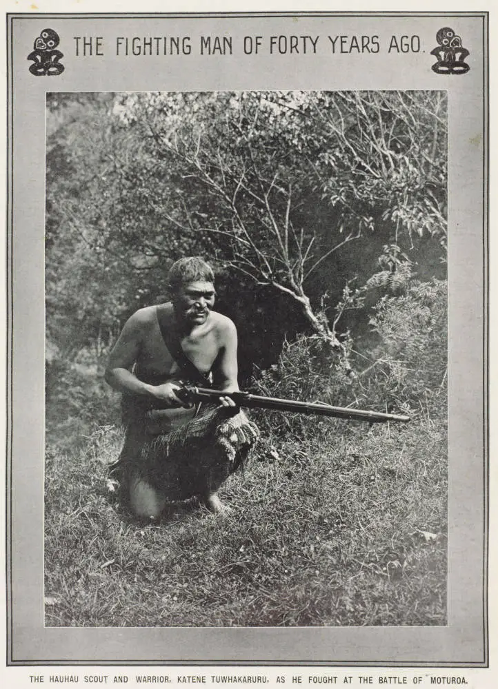 The Hauhau scout and warrior, Katene Tuwhakaruru, as he fought at the battle of Moturoa. (Actually Tutange Waionui, founder of Pariroa Pa in Kakaramea, South Taranaki)