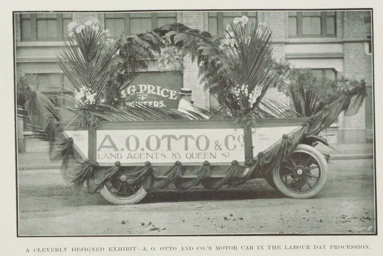 A cleverly designed exhibit - A.O. Otto and Co's motor car in the Labour Day procession
