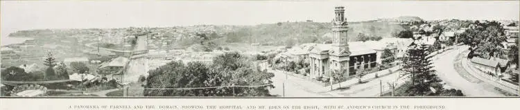 A panorama of Parnell and the Domain, showing the Hospital and Mt Eden on the right, with St Andrew's church in the foreground