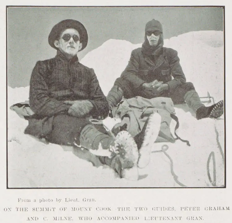 On the summit of Mount Cook - the two guides, Peter Graham and C. Milne, who accompanied Lieutenant Gran