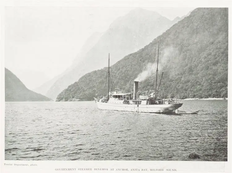 Government steamer Hinemoa at anchor, Anita Bay, Milford Sound