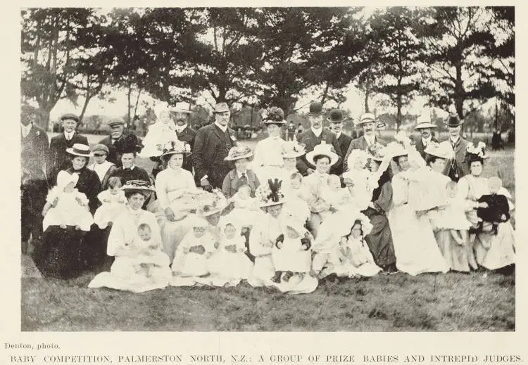 Baby competition at Palmerston North, N.Z,: a group of prize babies and intrepid judges