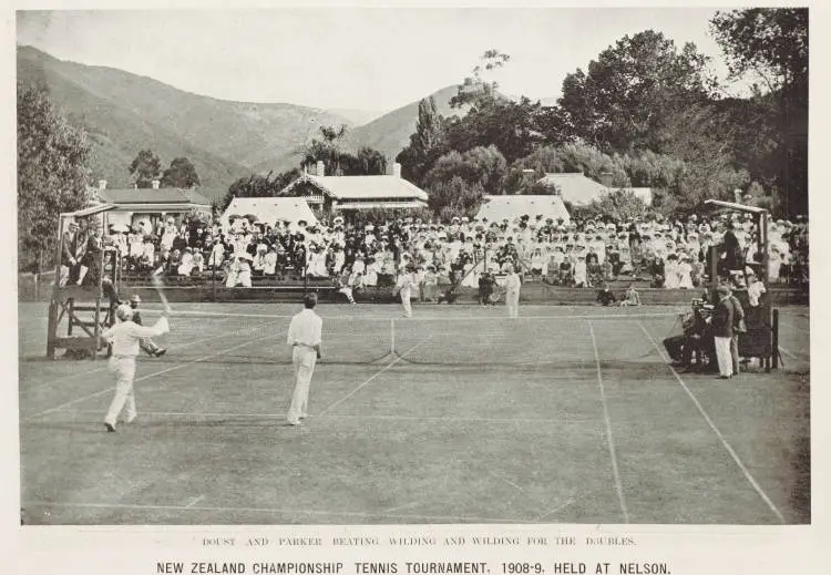 Doust and Parker beating Wilding and Wilding for the doubles at the New Zealand Championship Tennis Tournament, 1908-9, held at Nelson