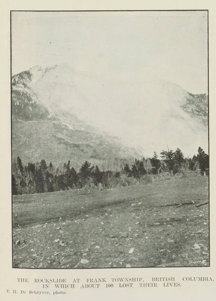 The rockslide at Frank township in British Columbia, in which about 100 lost their lives