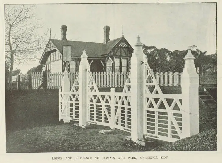 Lodge and entrance to Domain and park, Onehunga side