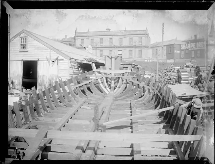 The scow Lena under construction, Freemans Bay