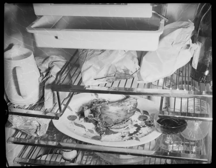 Uncovered food in refrigerator, 1960