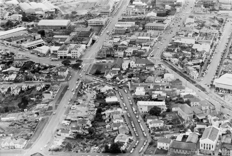 Aerial view over Nelson Street, Auckland Central, 1964