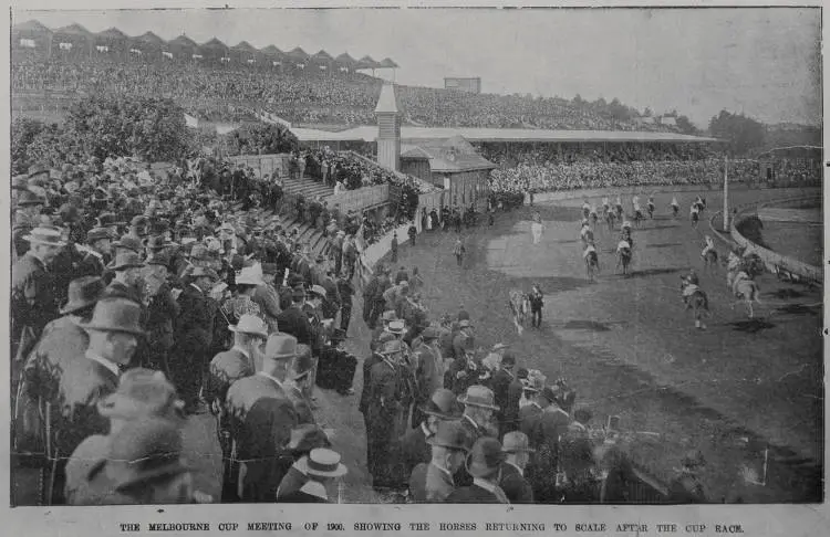 The Melbourne Cup meeting of 1900, showing horses returning to scale after the cup race