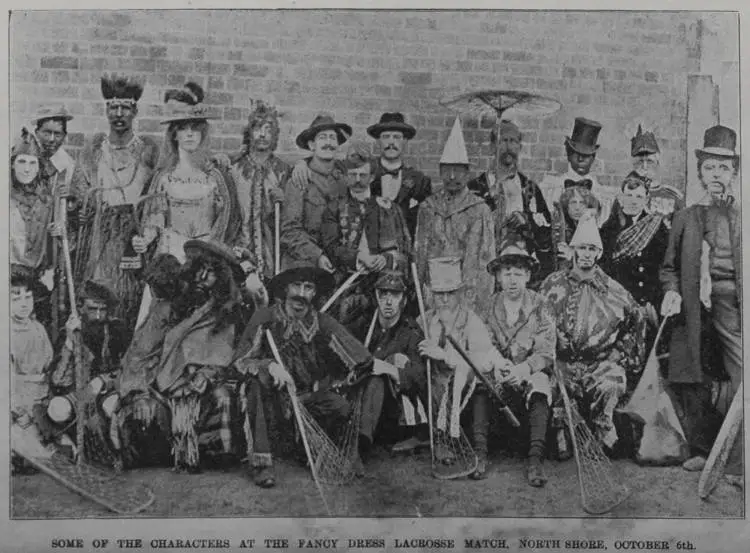 Some of the characters at the fancy dress lacrosse match, North Shore, 6 October 1900