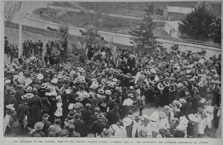 The unfurling of the national flag at Parnell District School, Auckland, 19 May 1900 with the Governor, Lord Ranfurly delivering his address