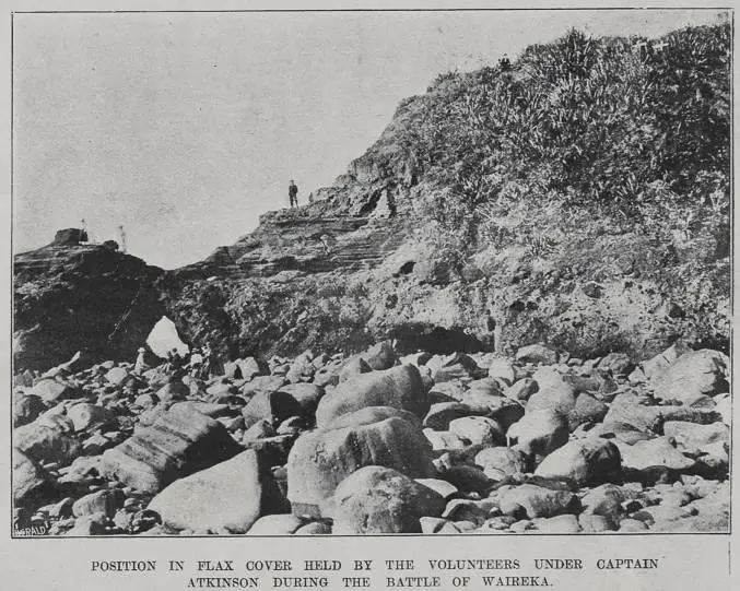 Position in flax cover held by the volunteers under Captain Atkinson during the battle of Waireka