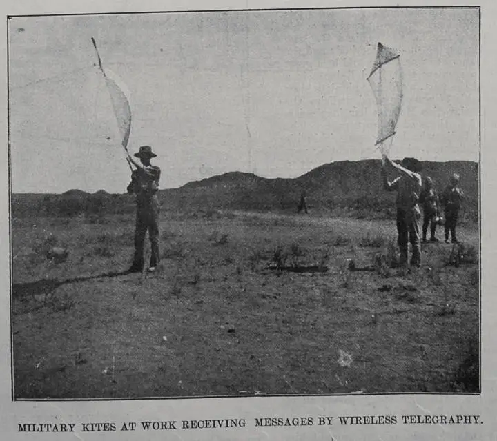 Military kites at work receiving messages by wireless telegraphy