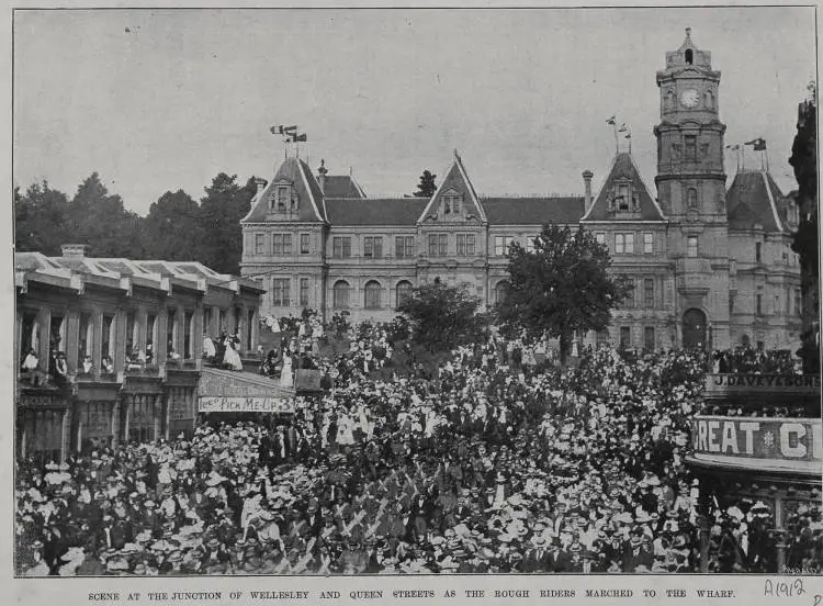 Scene at the junction of Wellesley and Queen Streets as the Rough Riders marched to the wharf