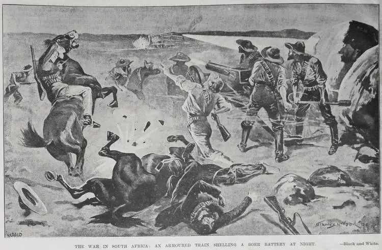 The War in South Africa: an armoured train shelling a Boer battery at night
