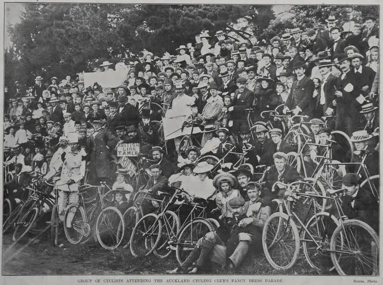 Group of cyclists attending the Auckland cycling club's fancy dress parade