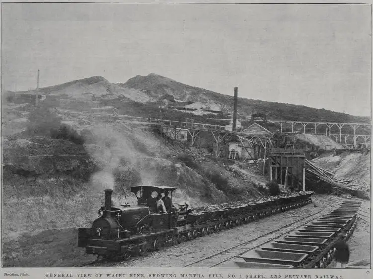 General view of the Waihi Mine, showing Martha Hill, No.1 shaft and private railway