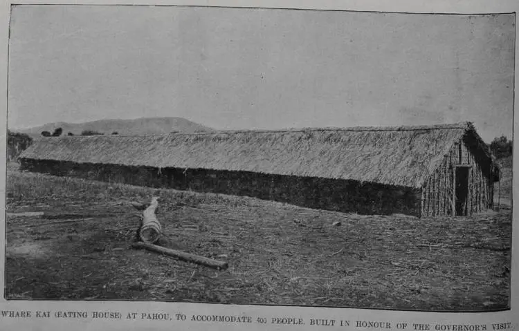 Whare Kai (Eating House) at Pahou, to accommodate 400 people. Built in honour of the Governor's visit