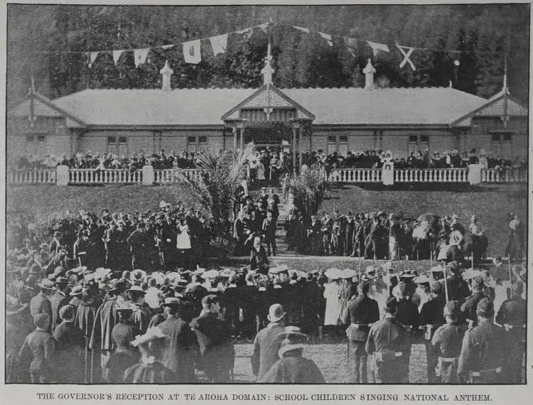The Governor's reception at Te Aroha Domain: school children singing National Anthem