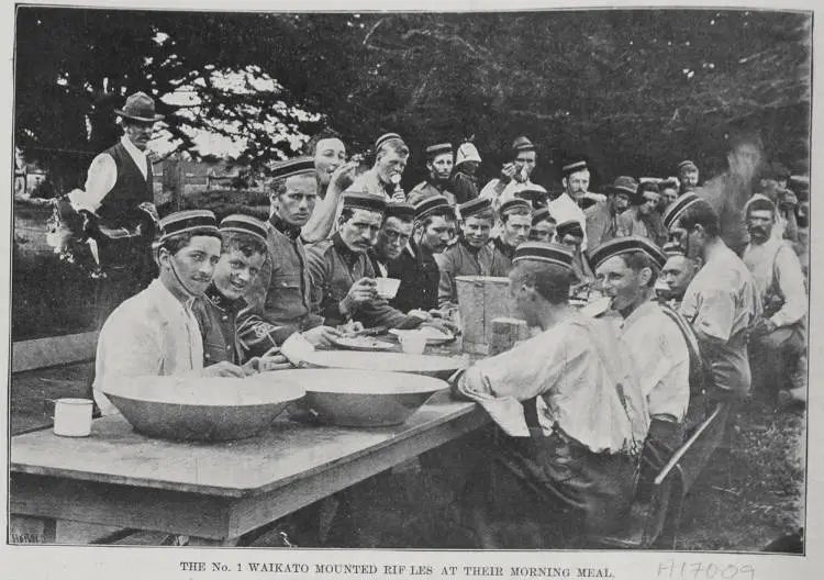 The No.1 Waikato Mounted Rifles at their morning meal