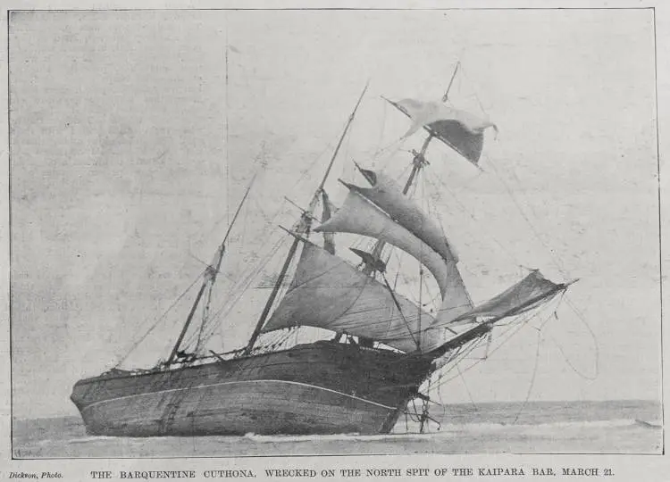 The Barquentine Cuthona, wrecked on the North Spit of the Kaipara Bar, March 21