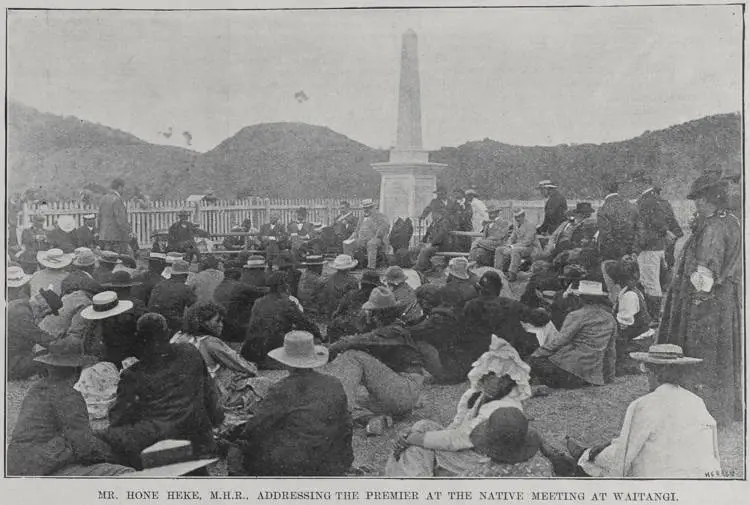 Mr. Hone Heke M.H.R., addressing the Premier at the native meeting at Waitangi