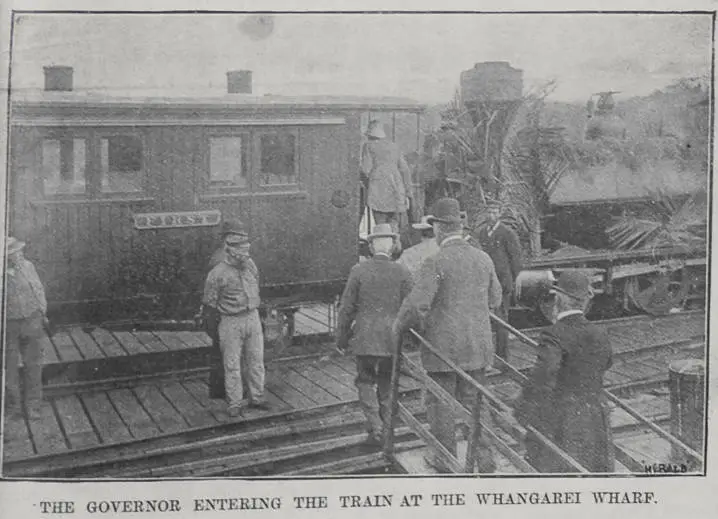 The Governor entering the train at Whangarei Wharf