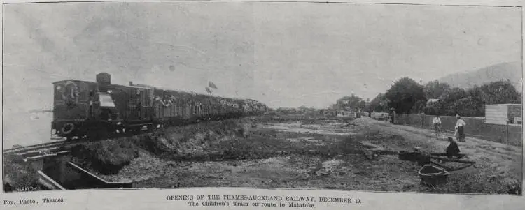 Opening of the Thames-Auckland Railway, December 19. The Children's train en route to Matatoke