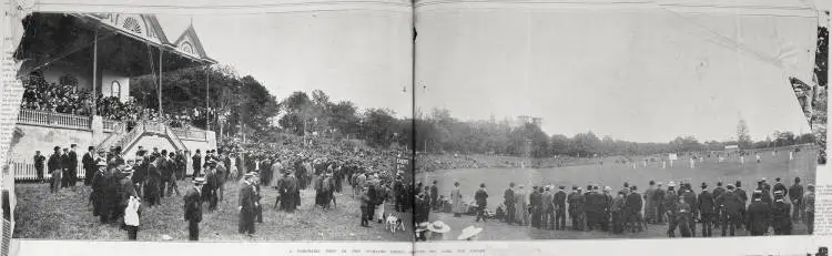 A panoramic view of the Auckland Cricket ground in the Auckland Domain during the cricket match, Auckland versus England, played 19, 20 and 22 1902