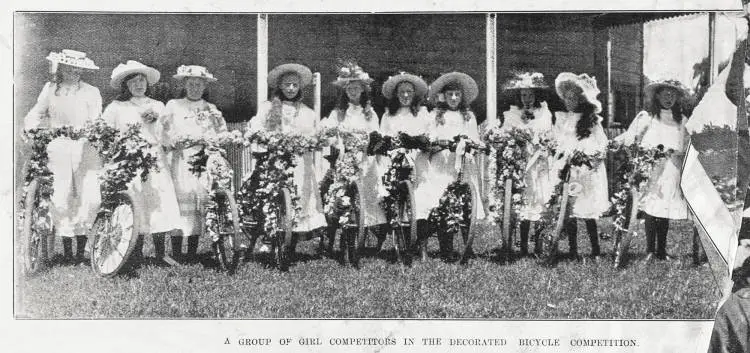 A group of girl competitors in the decorated bicycle competition