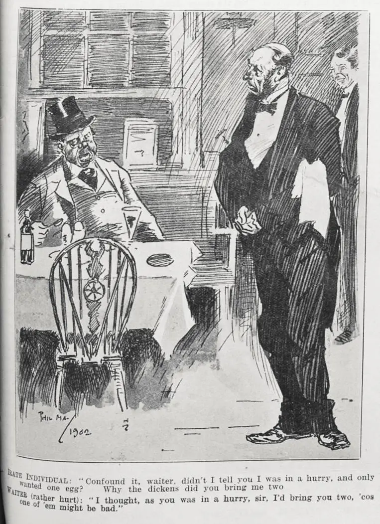 Cartoon of waiter and restaurant patron
